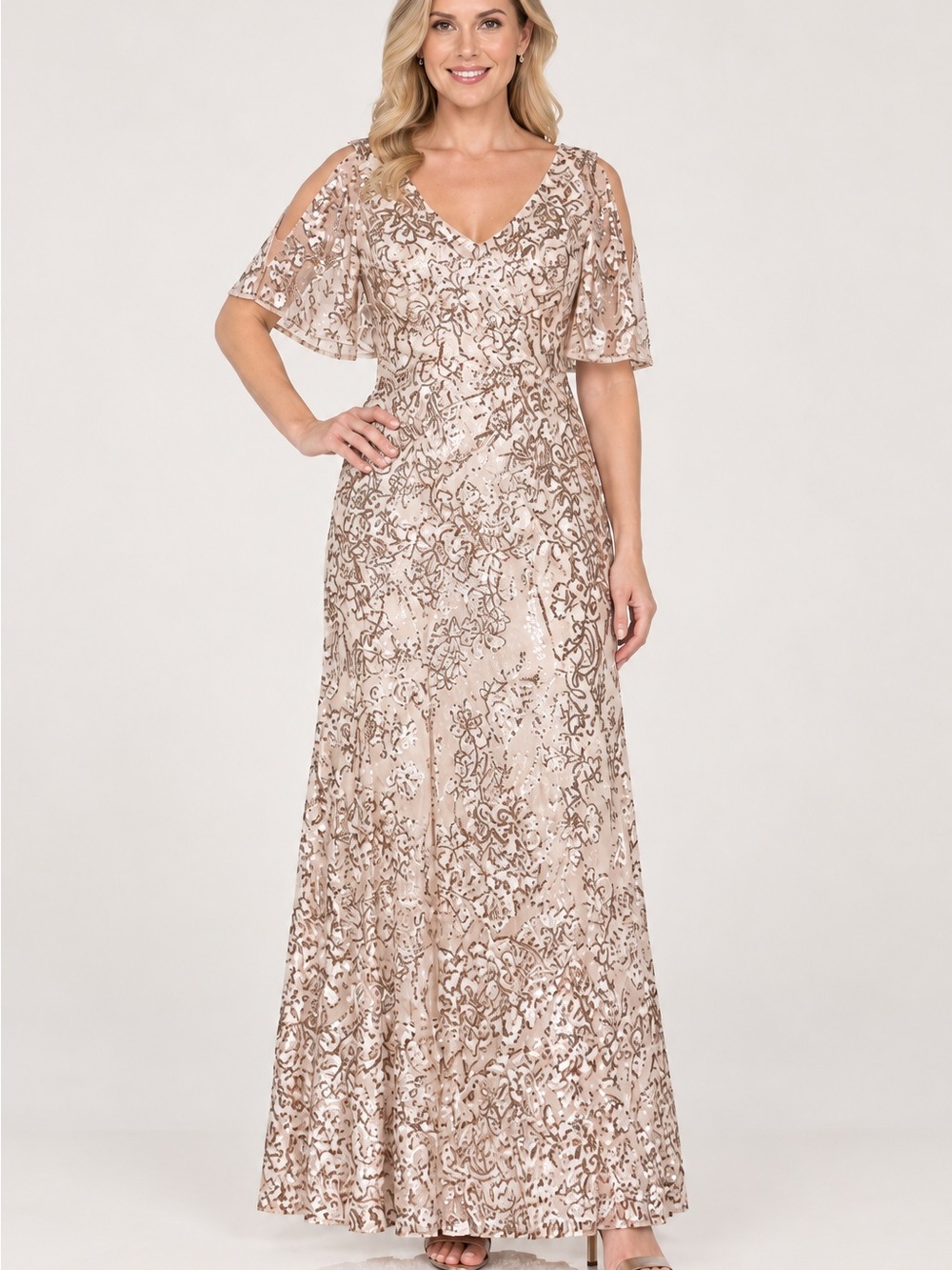 Alex Evenings Sequin Gown Mother of the Bride MOB Dress Plus 14W Rose Gold
